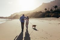 Imagen sobre el tema de paseos en pareja con perro en la playa